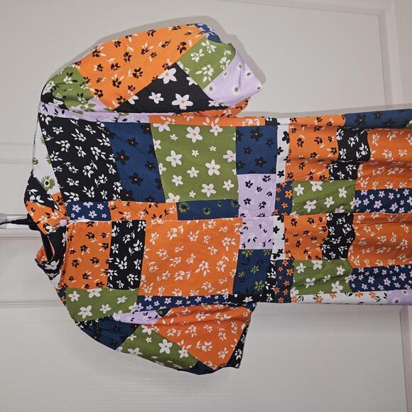 Patchwork Pattern Midi Dress with Puff Sleeves - Picture 8 of 9